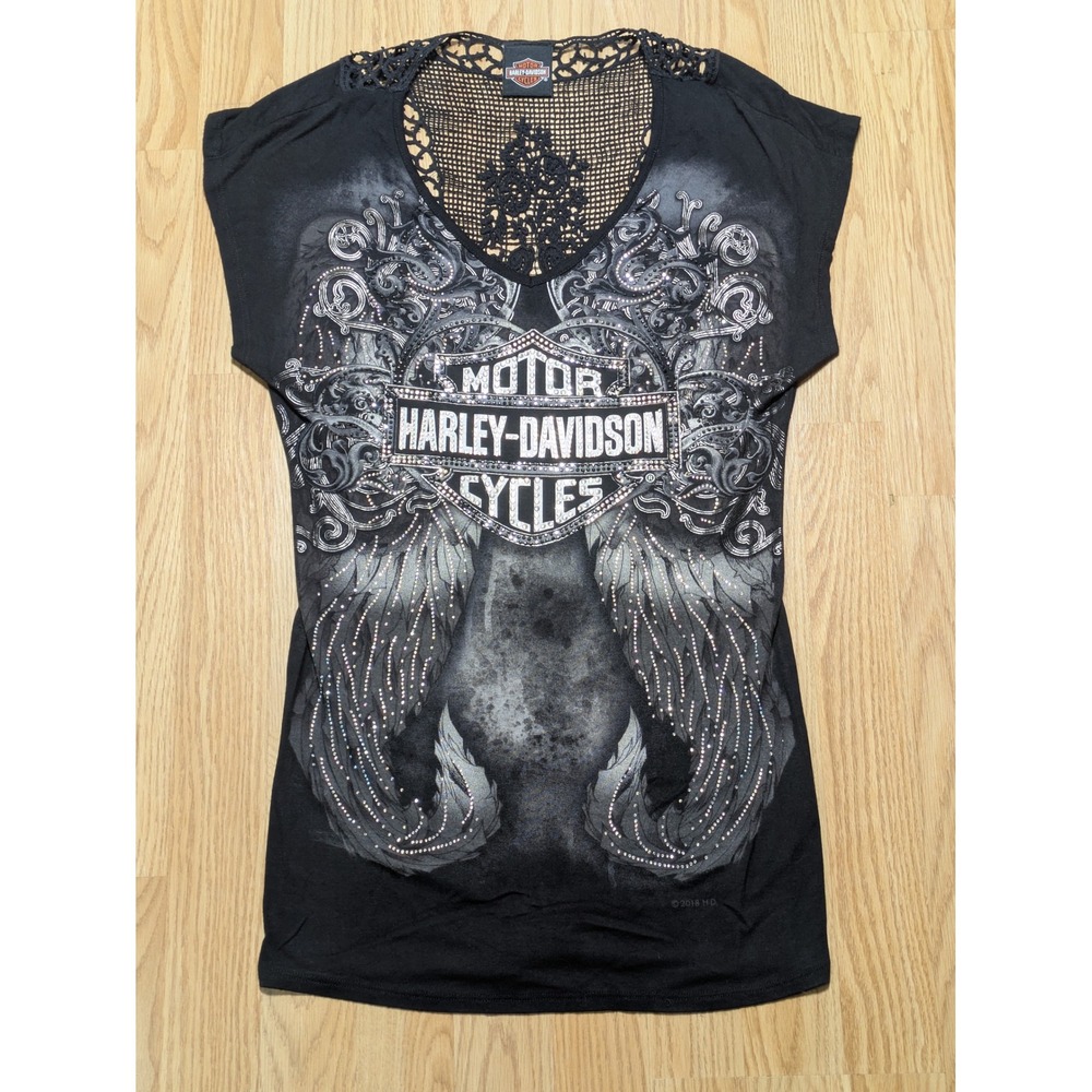 Harley-Davidson Womens Lace Back Embellished Wing Graphic Tee Medium Black